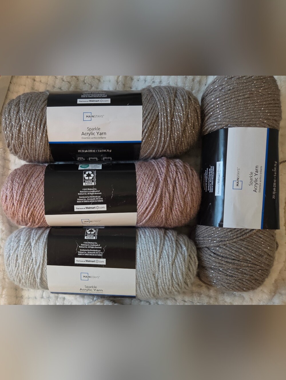 Mainstays Sparkle Acrylic Yarn Trio - Taupe, Blush, Light Gray